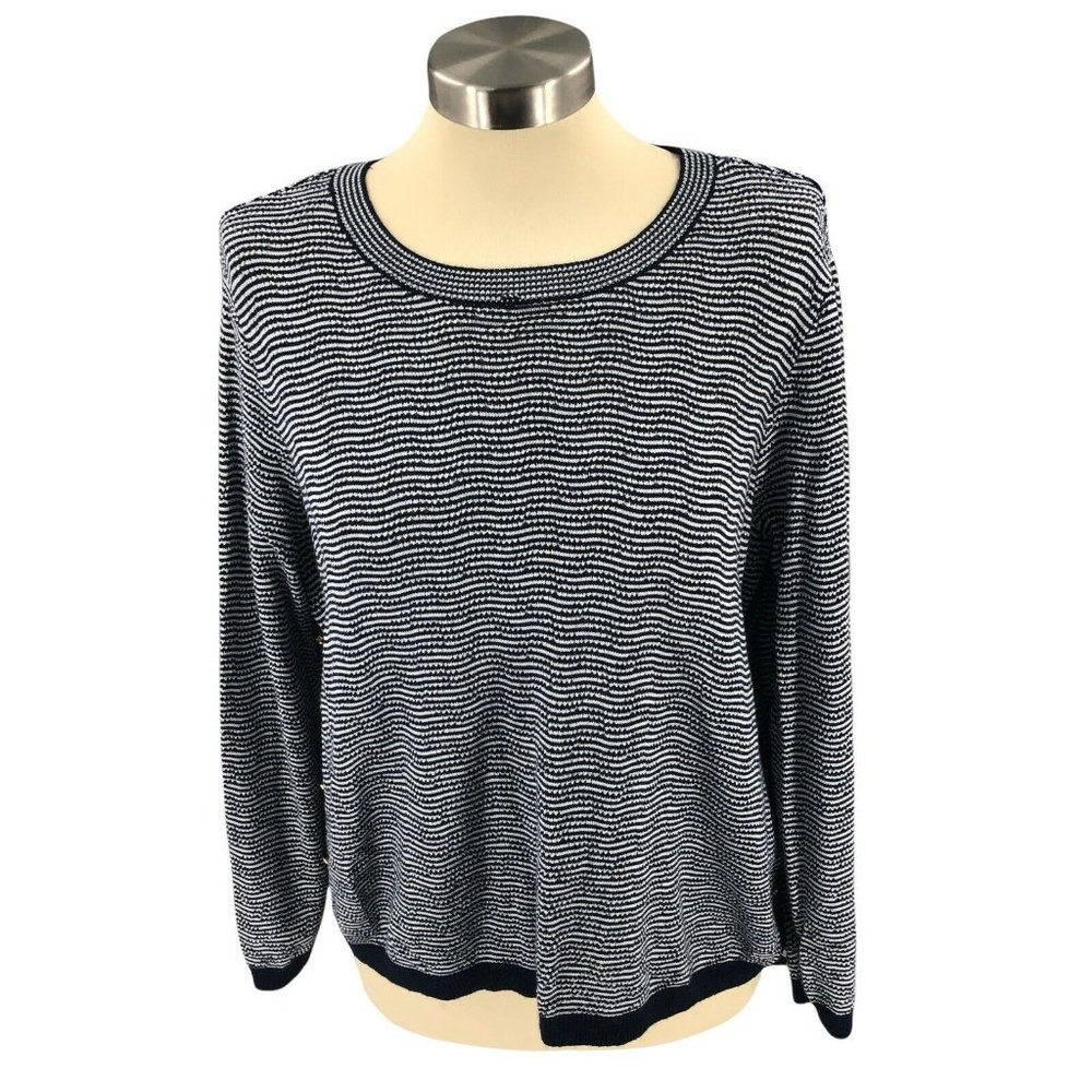 Cathy Daniels Womens Sweater Extra Large Blue White Stripe Side Button Long Slv